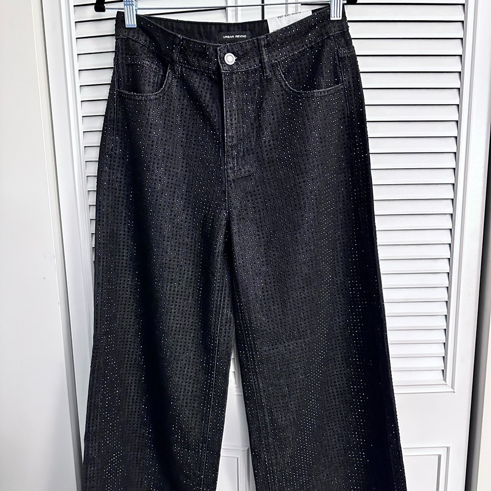 Urban Revivo Sparkling Black Wide-Leg Pants